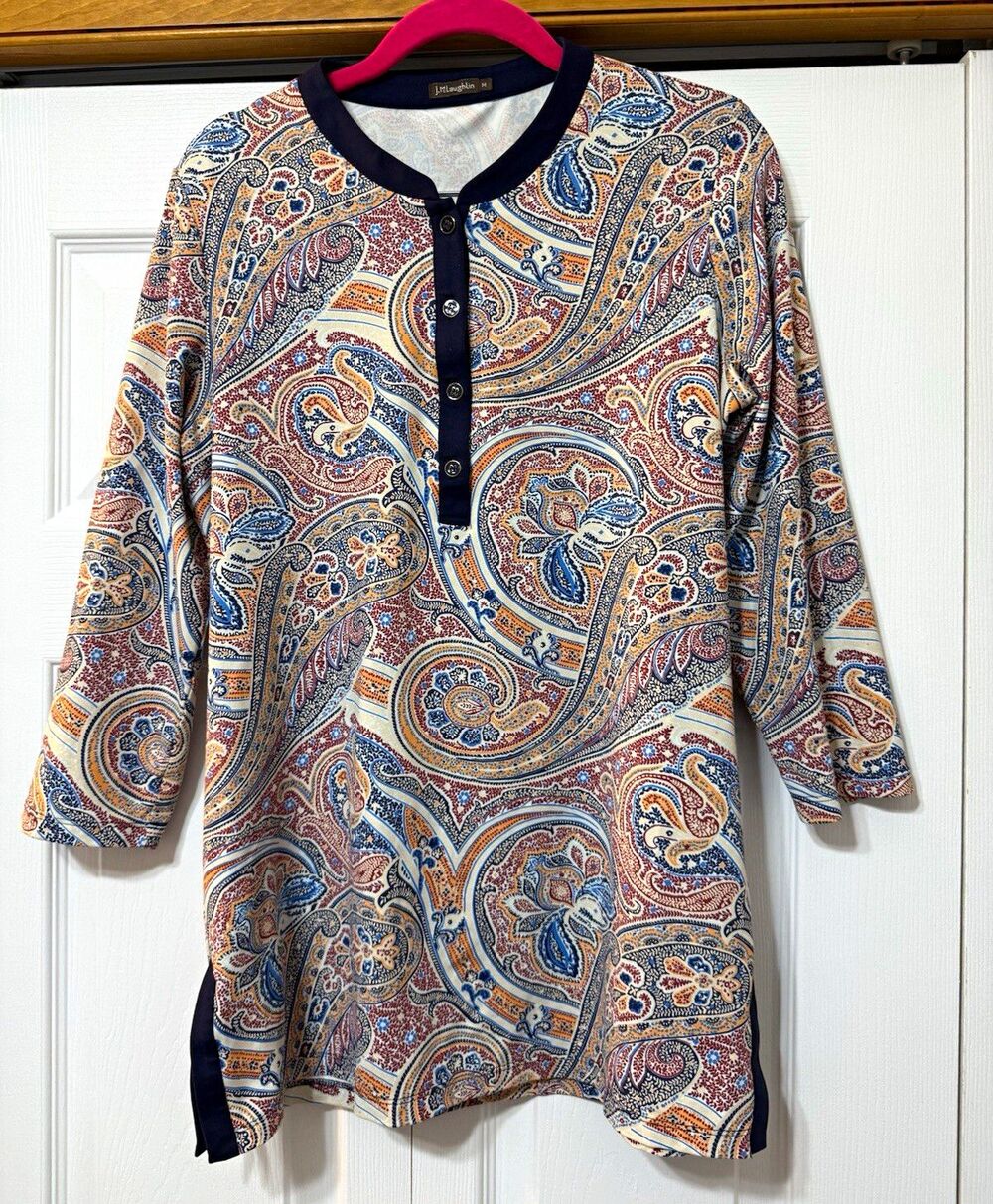 J. McLaughlin Paisley Knit Tunic Top 3/4 Sleeve Button Stretch Women’s M
